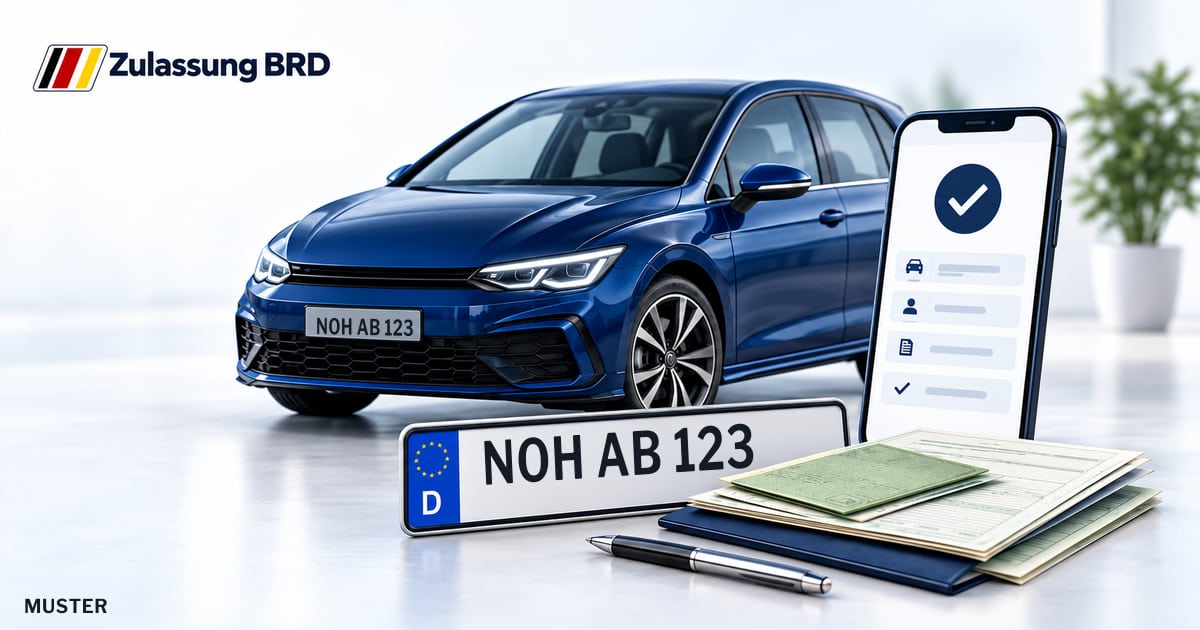 Online Fahrzeugzulassung in Wietmarschen: Musterkennzeichen NOH AB 123, Auto und Fahrzeugpapiere und Smartphone. Illustration mit Logo von Zulassung BRD.